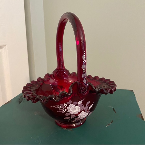 Fenton cranberry hand painted basket - Picture 1 of 13